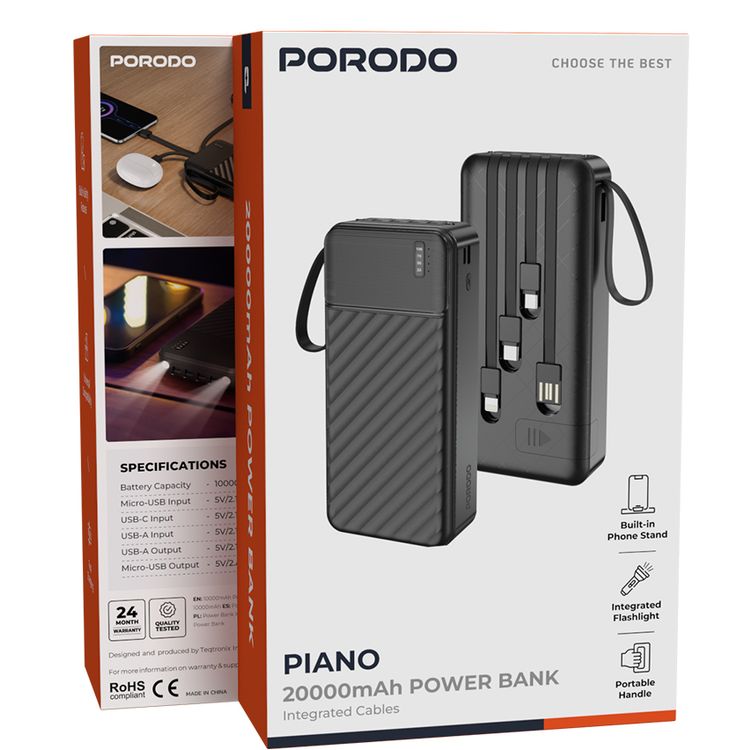 Porodo Piano 20000mAh Power Bank with Flashlight, Portable Handle, Phone Stand, 4 Integrated Cables, USB-A & USB-C & Micro Ports, Fast Charge Support, Universal Compatibility - Black