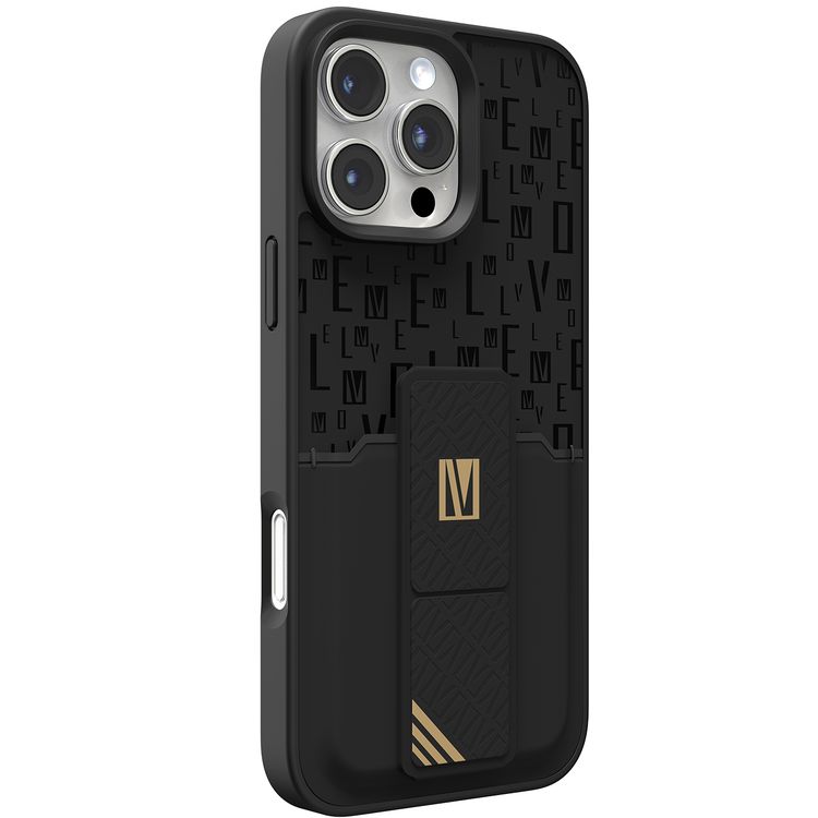 حافظة Levelo Morphix Gripstand مع حامل بطاقات لهاتف iPhone 16 Pro Max، حامل بطاقات مدمج، زوايا مقاومة للصدمات، ملمس نحيف بدون غطاء، حافة كاميرا مرتفعة، مادة فائقة المتانة - أسود