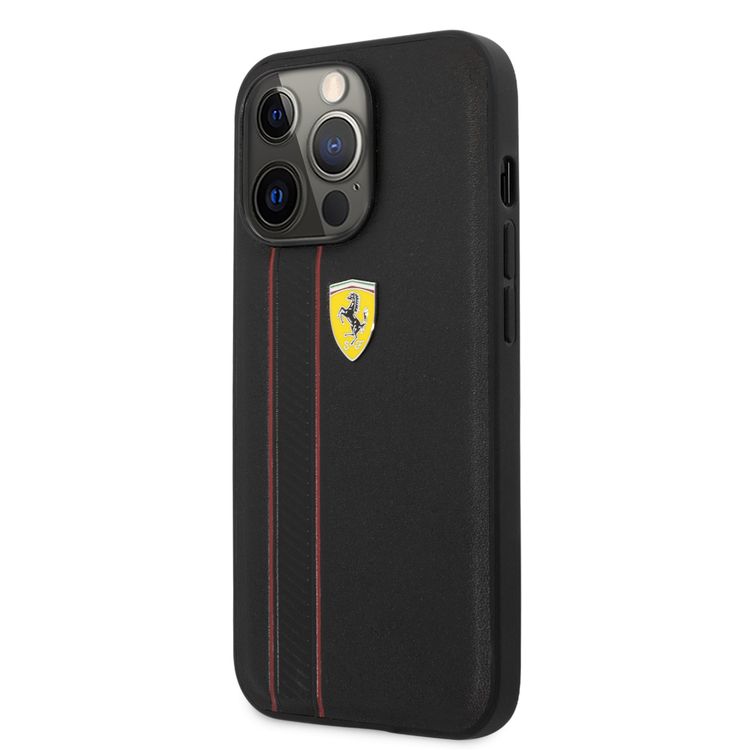 CG MOBILE Ferrari Genuine Leather Hard Case with Debossed Stripes Compatible for iPhone 13 Pro Max (6.7") Shock & Scratches Resistant, Easy Access to All Ports