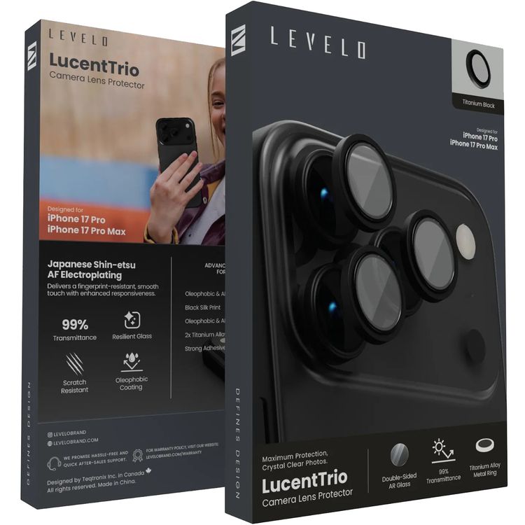 Levelo LucentTrio Camera Lens Protector with 99%  Transmittance for iPhone 17 Pro / 17 Pro Max, Anti-Fingerprint, Anti-Scratch, Double-Sided AR Glass, Oleophobic Coating, Multi-Layer Protection, Strong Adhesive - Titanium Black