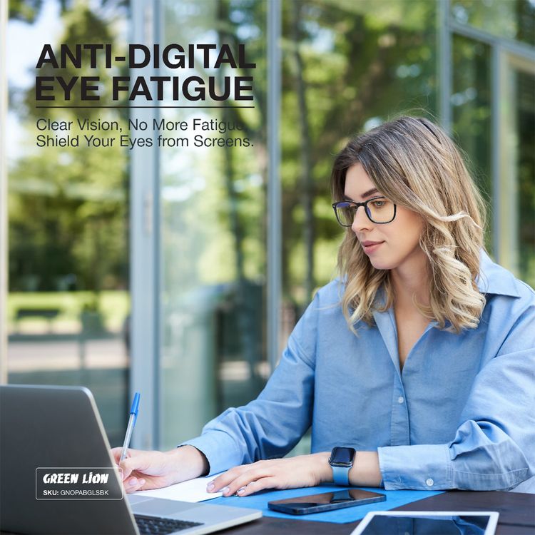 Green Lion Optix Anti-Blue Light Eyewear with Anti-Digital Eye Fatigue, 53mm Lens Width, Anti-Glare Coating, Night-Time Comfort, 19mm Bridge Width, UV400 Protection, 135mm Temple Width, Eye Strain Reduction - Black