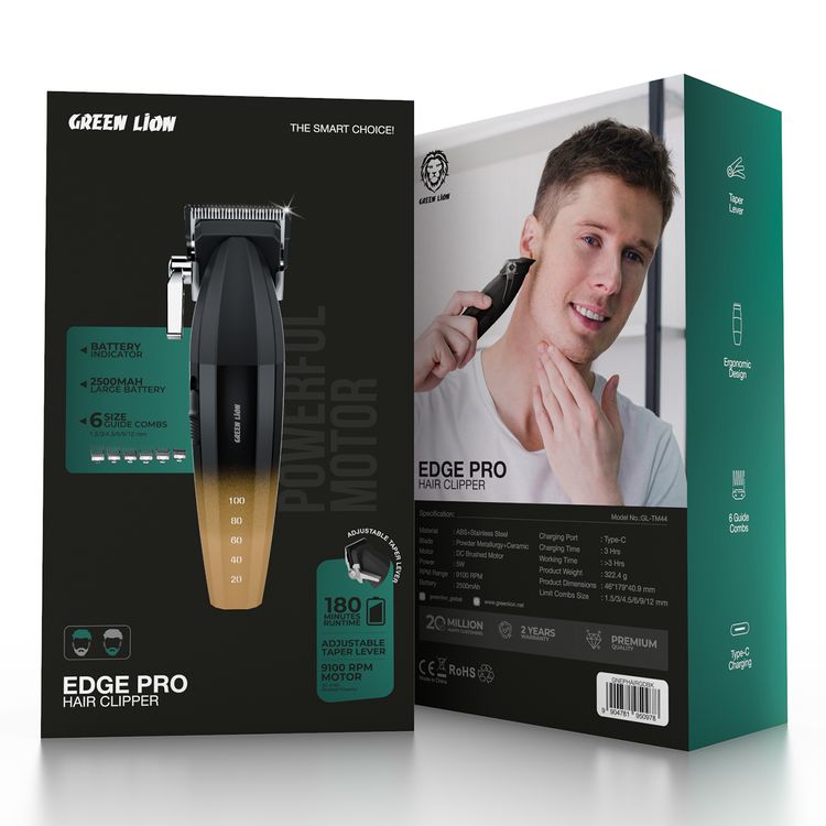 Green Lion Edge Pro Hair Clipper with 9100RPM Motor, Taper Lever, Ergonomic Design, 6 Guide Combs, Battery Indicator, 2500mAh Battery Capacity, Type-C Charging - Gold / Black