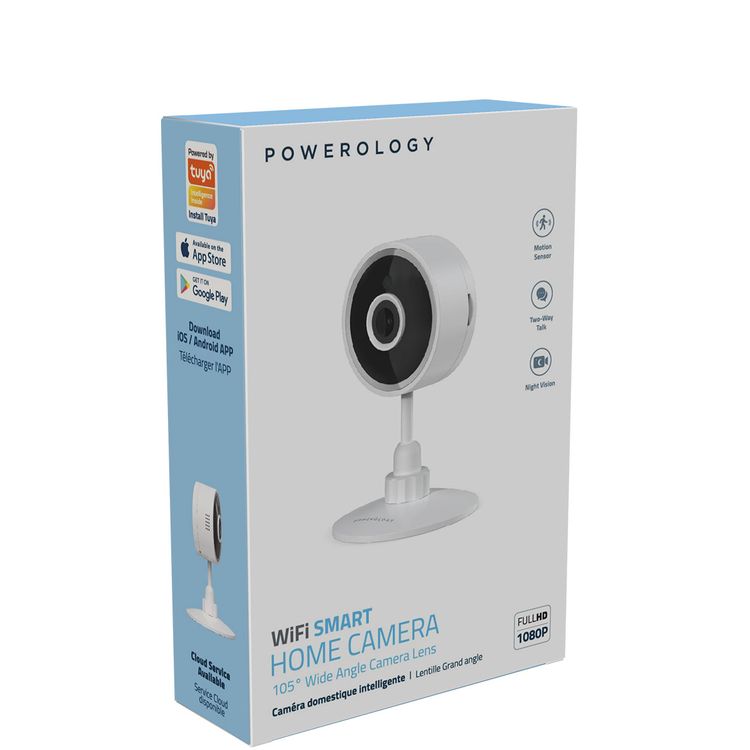 Powerology Wi-Fi Smart Home Camera with 105° Wide Angle Camera Lens, 1920×1080 pixels Resolution, Two-Way Talk, Motion Detection Sensor, UK 3-Pin Plug - White