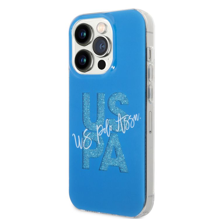 U.S.Polo Assn. IML Glitter Script Card Case for iPhone 15 Pro - Black - أزرق