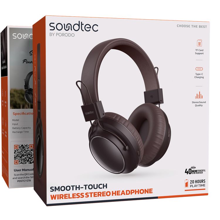 Porodo Wireless Stereo Headphones with Smooth-Touch, 40mm Speaker Diameter, Up to 20 Hours Play Time, 10m Transmission Distance, 180 Hours Standby Time, TF Card Support, Stereo Sound Quality - Brown