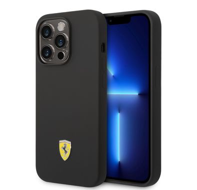 CG Ferrari Magsafe Compatibility Liquid Silicone Case with Metal Yellow Logo Shield iPhone 14 Pro Max Compatibility - Black