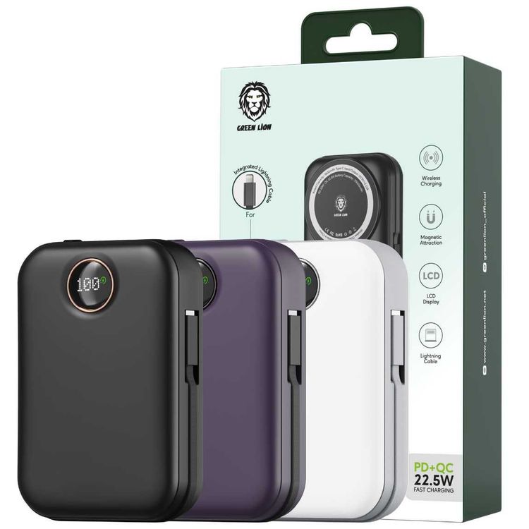 باور بنك Green Lion Monaco Magsafe بقدرة 20000 مللي أمبير في الساعة مع كابل Lightning مدمج، شحن سريع PD 20W، QC 22.5W، شحن لاسلكي 15W، شاشة LCD، جاذبية مغناطيسية، خفيف الوزن ومحمول - بنفسجي