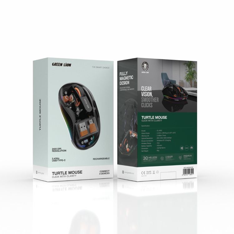 Green Lion Wireless Turtle Mouse, Connects to Up to 3 Devices Simultaneously, 3 Million Times Clicking Life, Up to 2400DPI Resolution, Rechargeable 400mAh Battery, 10m Distance Range - Black