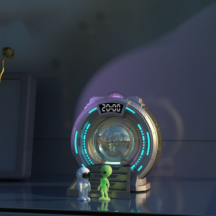 Porodo Lifestyle Stargate Lamp with Alien Projection Light, 8 Light Modes, Remote Control, Built-in Bluetooth Speaker, Timer & Auto Shut-Off, White Noise Options, Type-C Charging - Gray