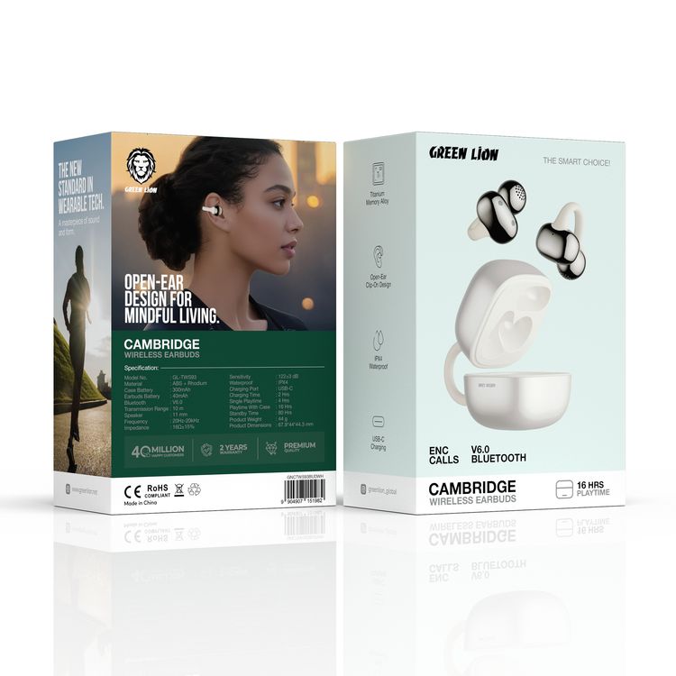 Green Lion Cambridge Wireless Earbuds with 16 Hours Play Time, Bluetooth Version 6.0, ENC Calls, Titanium Alloy, Open-Ear Clip-On Design, IPX4 Water Resistance Level, USB-C Charging Port, 2 Hours Charging Time, 80 Hours Standby Time - White