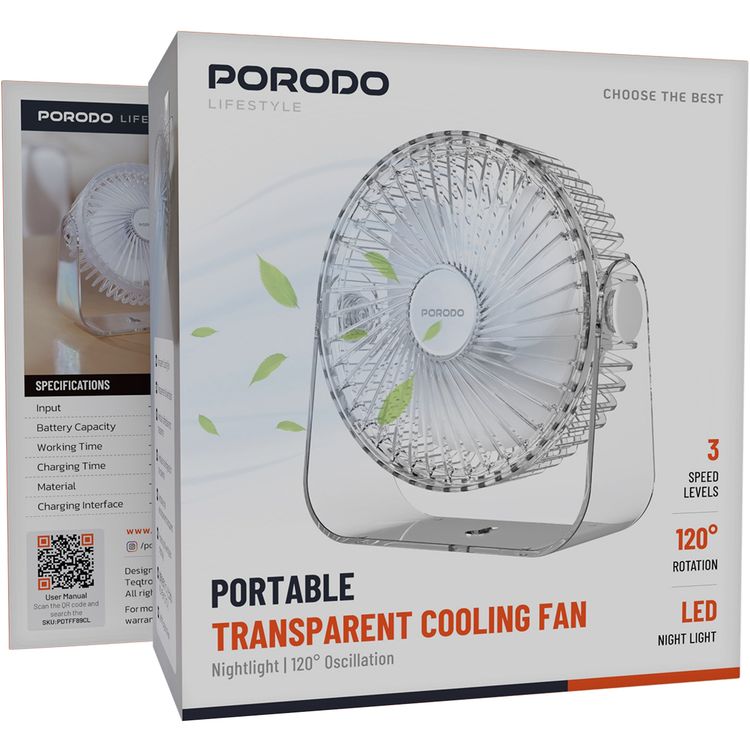 Porodo Portable Transparent Cooling Fan with Nightlight, 120° Oscillation, 3 Speed Levels, 3000mAh Battery Capacity, 3-9.5 Hours Working Time, 2.5 Hours Charging Time, ABS Material, Type-C Charging Interface, Whisper-Quiet Operation - Clear