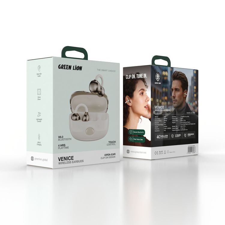 Green Lion Venice Wireless Earbuds with Touch Control, Lightweight Comfort, 10mm Driver, Open-Ear Audio, Secure Clip-On Fit, Clear Voice Calls, About 1.5 Hours Charging Time, Type-C Charging Port, About 12 Hours Standby Time, 10m Transmission Range, Bluetooth Version 6.0 - Beige