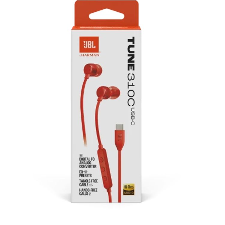 JBL T310C USB-C Wired Earphones, High Resolution Audio, Tangle-Free Flat Cable, Digital to Analog Converter, Compatible with PCs/Mobiles/Gaming Consoles, Pure Bass Sound - Red 