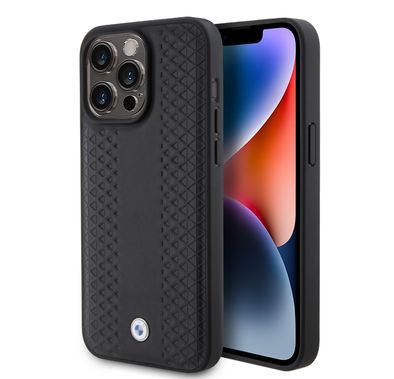 BMW Leather Case with Sign Diamond Pattern for iPhone 15 Pro  - Black