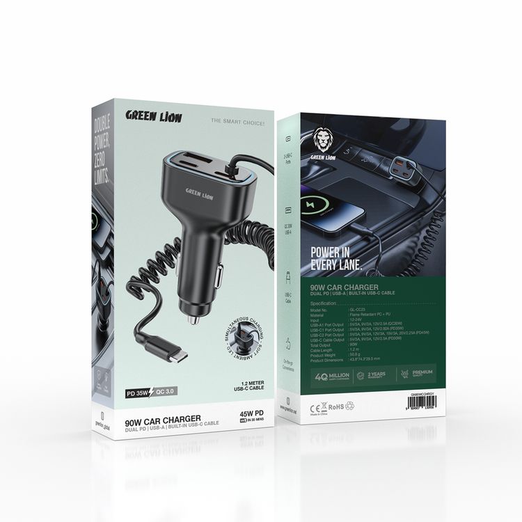 Green Lion 90W Car Charger with Dual PD, 1.2m Built-in USB-C Cable, 45W PD in 30 Minutes, QC 30W USB-A, On-the-Go Convenience, Simultaneous Charging, Soft Ambient LED, Safety Protection, 2-USB-C Ports - Gray