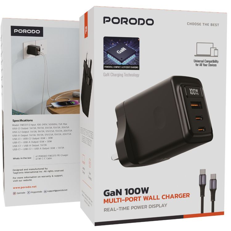 Porodo GaN Wall Charger with USB-C to USB-C Cable, Single USB-A & Dual USB-C Ports, 100W Power Delivery, Built-in Safeguards, Fast Charge Support, Multiple Device Charging, Digital Display - Black
