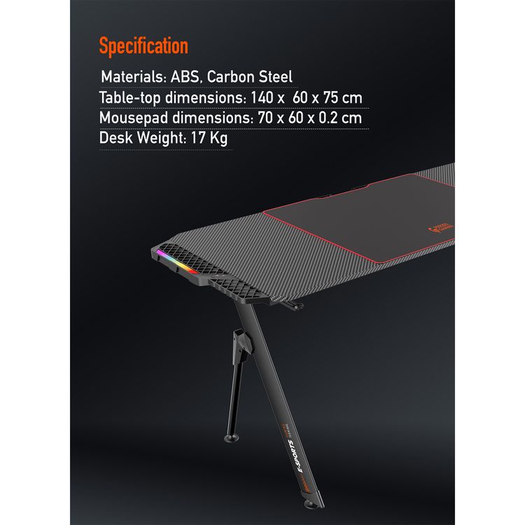 Porodo Gaming E-Sports Gaming Desk with Rubber Mousepad, Built-in Headphone Mount, Cup Holder & Cable Management Box, RGB Lighting Panel, Large Surface - Black