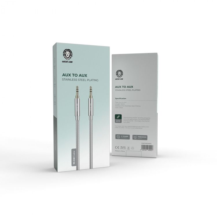 Green Lion Aux To Aux Cable with Stainless Steel Plating - Silver - 90CM