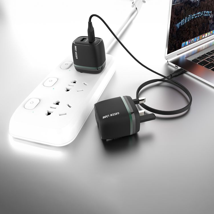 Green Lion Dual Port Wall Charger with USB-A to Type-C Cable Type, 1m Cable Length, 3-Pin UK Plug, 12W Power, 2.4A Fast Charging, ×2 USB-A Ports, Charging Protection, Multi-Device Charging, Portable Design - Black