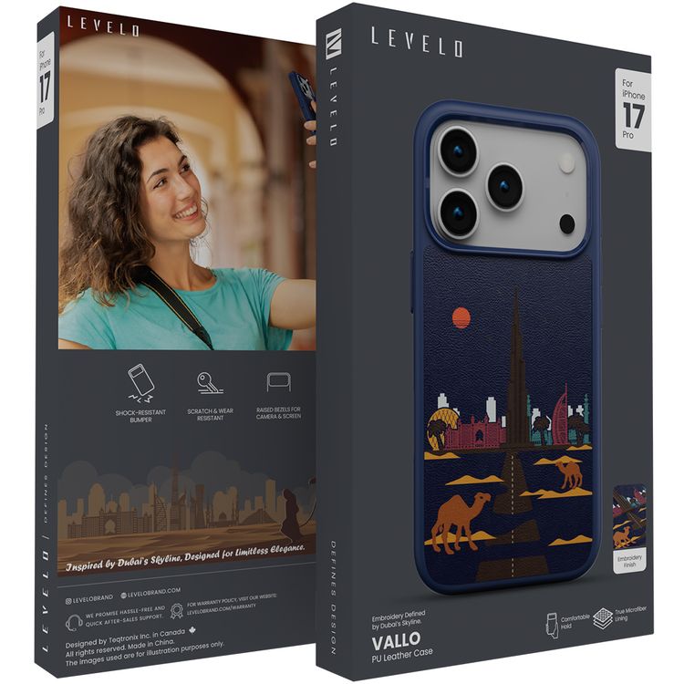 Levelo Vallo PU Leather Case for iPhone 17 Pro with Embroidery Dubai Finish, Comfortable Hold, Durable PU Leather, Raised Bezels for Camera and Screen, True Microfiber Interior Lining, Scratch & Wear Resistant, Shock-Resistant Bumper - Cobalt Blue