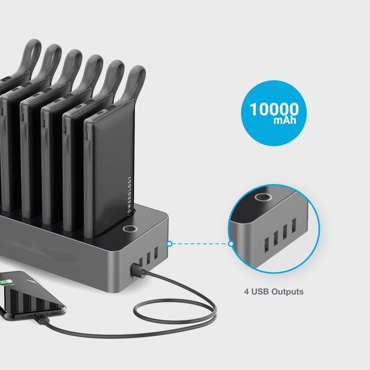 Powerology 6 in 1 Power Bank Station 10000mAh With Built-in Cable, Portable Power Bank, 1 Rapid Recharging Station, Type C Charging Ports - Black