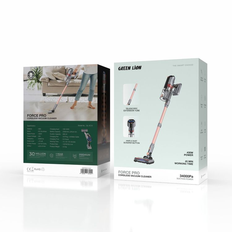 مكنسة كهربائية لاسلكية من جرين ليون فورس برو مع شاشة LED لعرض الوقت الحقيقي، سعة صندوق الغبار 900 مل، تعمل لمدة تصل إلى 45 دقيقة، فلتر HEPA قابل للغسل، أنبوب تمديد تلسكوبي، زر لكشط الشعر والغبار - رمادي