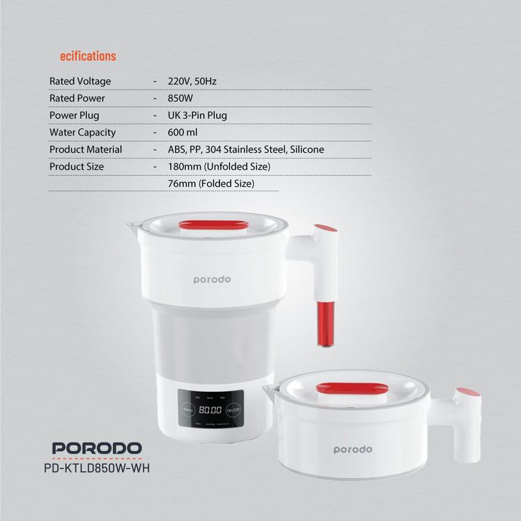 Porodo Lifestyle Portable Folding Electric Kettle Temperature Setting, 600ml  Water Capacity, Digital Display, High-Grade Silicone - White