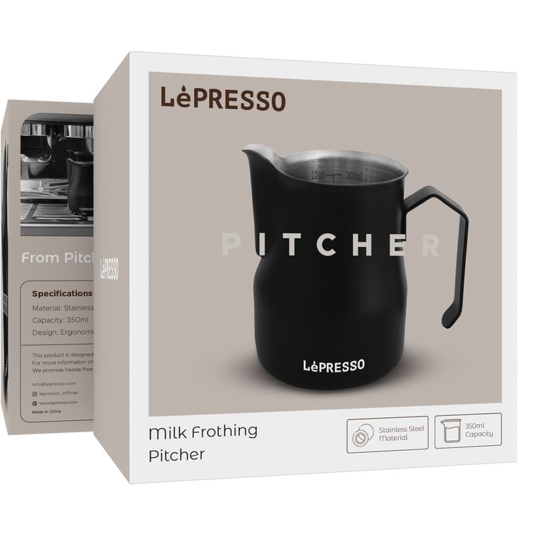 إبريق تبخير الحليب من LePresso بسعة 350 مل، مصنوع من الفولاذ المقاوم للصدأ، تصميم مريح، إبريق دقيق لفن اللاتيه - أسود