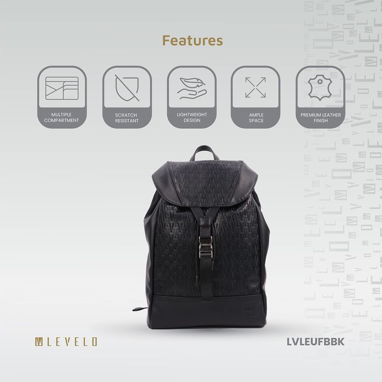 Levelo Envol Universal Fashion Backpack with Premium Leather Material, Scratch Resistant, Lightweight Design, Push Buckles, Drawstring Closure, Multiple Compartments - Black
