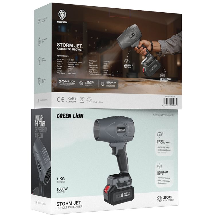 Green Lion Storm Jet Cordless Blower with 21V Detachable Battery, Brushless Motor & Super Strong Wind, 36,000 RPM Range, 1000W Power - Gray