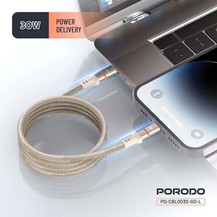 Porodo Type-C to Lightning Magnetic Braided Cable with 30W Power Delivery, 1.2m Cable Length, More than 15,000 Bends Lifespan, Tangle-Free Design - Gold