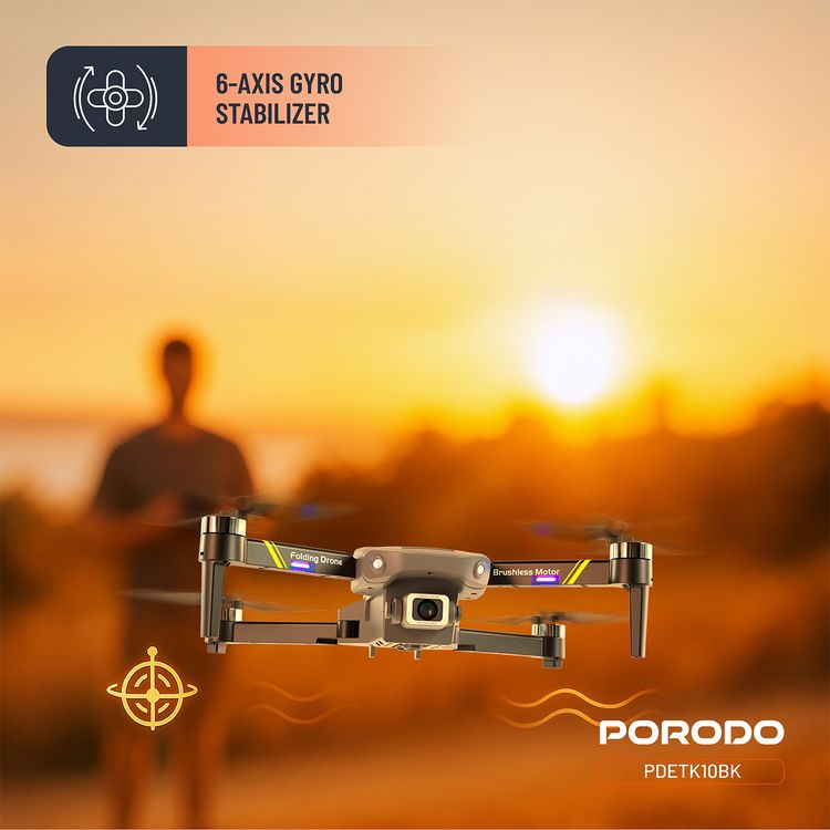 Porodo Aero View Drone with 120m Operational Distance, 360° Flip and Roll, Easy Takeoff & Landing, Up to 12 Minutes Flight Time, 10Km/h Max Speed, 120 Minutes Charging Time - Black 