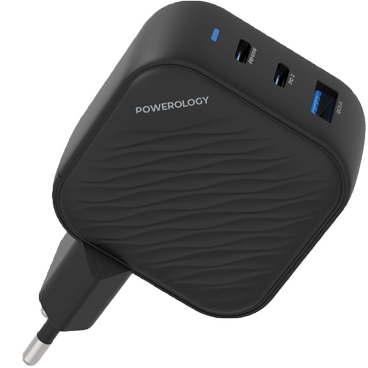 Powerology GaN Ultimate EU Dual PD Charger with 65W Power Delivery, 0%-60% Charge in 35 Minutes, 36W USB-A Output, Simultaneous Charging, Built-in Safeguards - Black