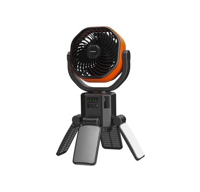 Porodo Suncharge Outdoor Solar Fan with LED Lighting & Power Bank Function, 3 LED Brightness Levels, 4 Speed Settings, Foldable Hanging Hook, 150°Auto Oscillation, Up to 30 Hours Working Time, 6000mAh Battery, 5W Rated Power - Black / Orange