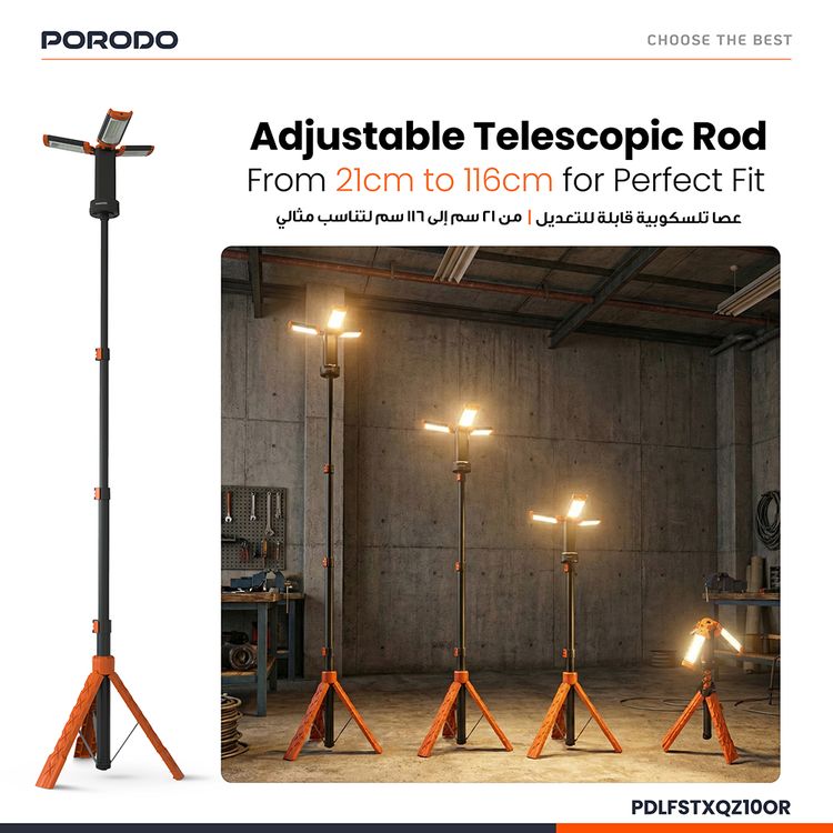 Porodo 9000mAh Work Lantern with Multi-Mode LED Light, Durable ABS Body Material, Tripod Base, Hanging Hook, USB-C Charging Port, Warm Reading Mode, Top Spotlight Beam, Up to 19 Hours Working Time, IP44 Water Resistance Level  - Orange