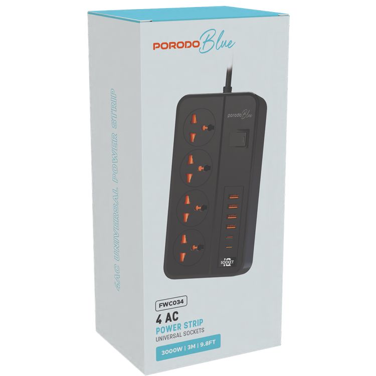 Porodo 4AC Universal Power Strip with Premium Materials, Safety Shutters, 13A Maximum Current, USB-A&C Output - Black  