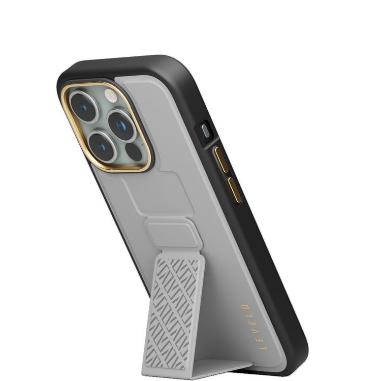 جراب Levelo Morphix Cuero Gripstand لهاتف iPhone 15 Pro، أوضاع متعددة، جلد PU، حواف مقاومة للصدمات - رمادي