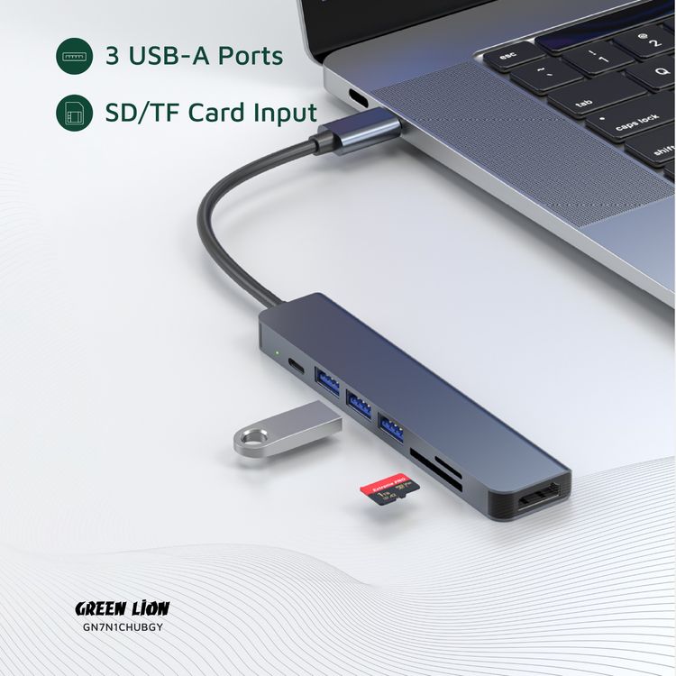 Green Lion 7-in-1 USB-C Hub with 3× USB-A, HDMI, TF/SD Card & USB-C Ports, Aluminum Alloy Material, 4K@30Hz Resolution, 5 Gbps Data Transfer, 16.7cm Cable Length - Gray