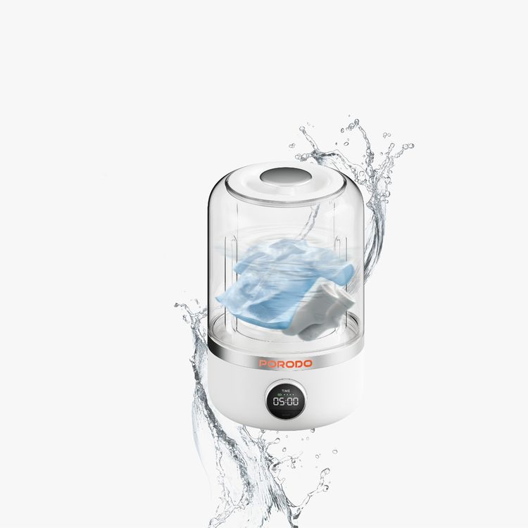 Porodo Lifestyle Cordless Mini Washing Machine for Delicate & Baby Clothes, Dual Washing Modes, LED Digital Display, 1.2L Cup Capacity, 10W Rated Power, 4000mAh Battery Capacity, Type-C Charging Port - White