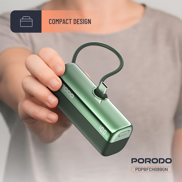 Porodo Pocket Volt 5000mAh Power Bank with Built-in Type-C Connector, 22.5W Power Delivery, Fast Charging Support, Compact Design, 15W Total Output - Green