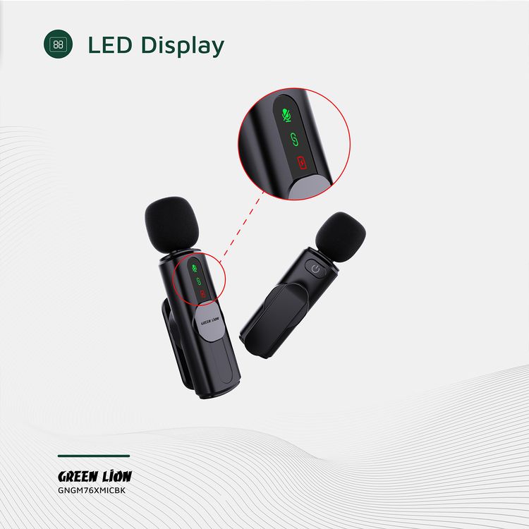 ميكروفون جرين ليون GM-76X مع إلغاء ضوضاء بثلاثة مستويات، وقت عمل يصل إلى 5 ساعات، تأخير أقل من 30 مللي ثانية، ميكروفون مزدوج، موصلات USB-A، Type-C وLightning - أسود