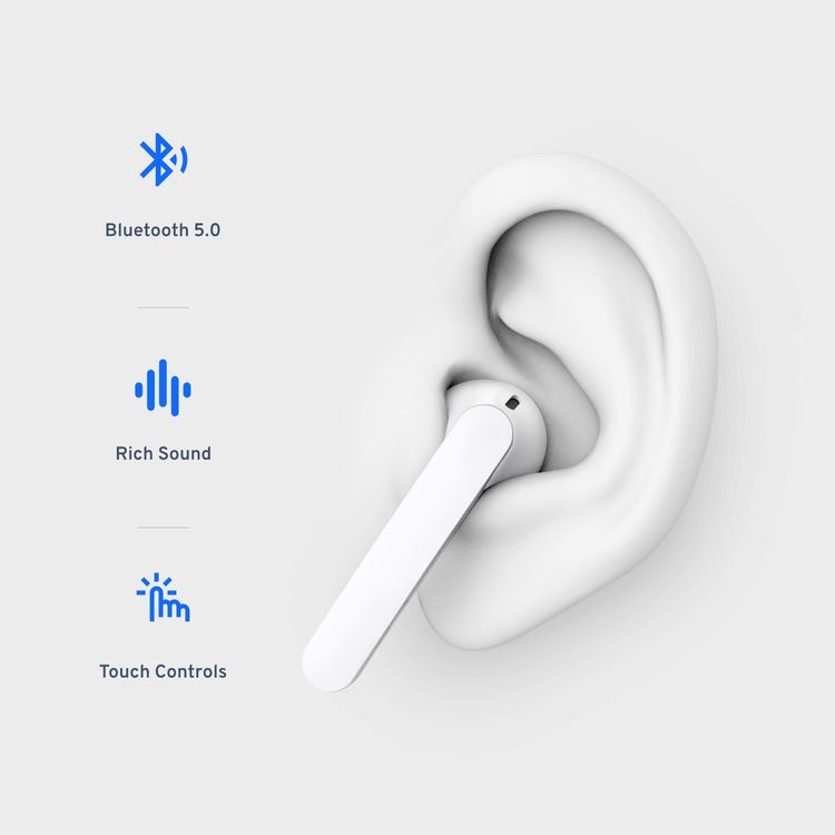 سماعات أذن لاسلكية من Powerology True Stereo Buds، مدة تشغيل تصل إلى 16 ساعة، بلوتوث 5.0، ملاءمة عالمية آمنة، تحكم باللمس، سعة بطارية 500 مللي أمبير في الساعة - أبيض 