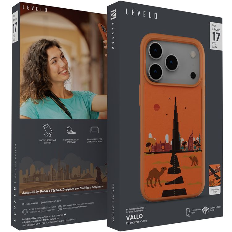 Levelo Vallo PU Leather Case for iPhone 17 Pro Max with Embroidery Dubai Finish, Comfortable Hold, Durable PU Leather, Raised Bezels for Camera and Screen, True Microfiber Interior Lining, Scratch & Wear Resistant, Shock-Resistant Bumper - Sunrise Orange