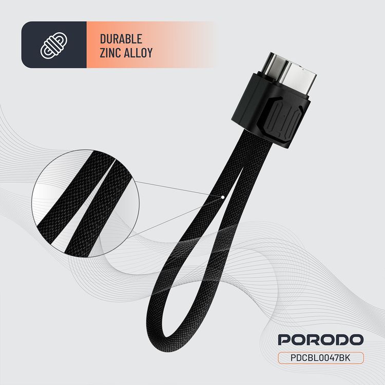Porodo Chargeloop Keychain USB-C to USB-C Data Cable with 60W PD Output, 480Mbps Data Transfer Rate, 20cm Cable Length, Durable Zinc Alloy & Nylon Braided Material, High-Speed Charging, Compact Design - Black