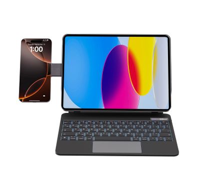 حافظة لوحة مفاتيح لاسلكية من باورولوجي داينا بورد لجهاز آيباد 10، حامل هاتف ماج سيف، لوحة لمس، مفاتيح وسائط متعددة، سعة بطارية 500 مللي أمبير/ساعة، وقت عمل 8 أيام، وقت شحن 2.5 ساعة، سهولة الوصول إلى القلم، بلوتوث الإصدار 5.1، نطاق نقل 10 أمتار، ملحق سريع التركيب - أسود