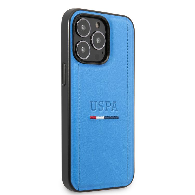 USPA PU Leather Case with Tricolor Stitches & Initials Full Protection iPhone 14 Pro Max Compatibility - Blue