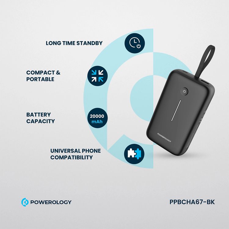 Powerology 20000mAh Power Bank with Detachable USB-C Wire, 30W Power Delivery, 3-Device Charging, Long Time Standby, Universal Phone Compatibility, Built-in Safeguards - Black