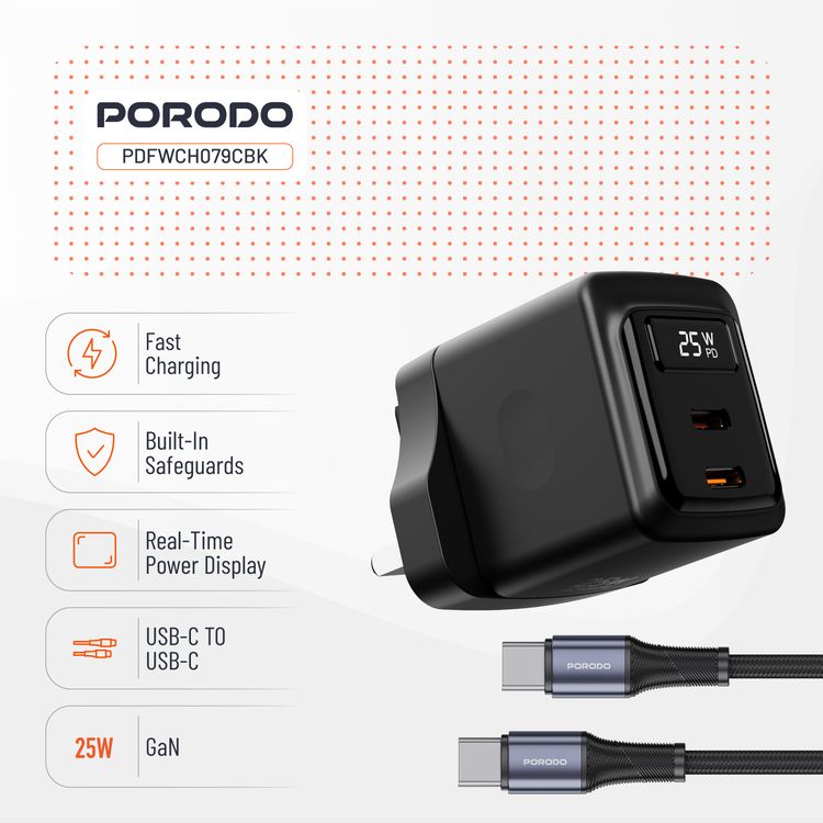 Porodo GaN Wall Charger with USB-C to USB-C Cable, Dual USB-C Ports, 25W Power Delivery, Built-in Safeguards, Fast Charge Support, Multiple Device Charging, Digital Display - Black