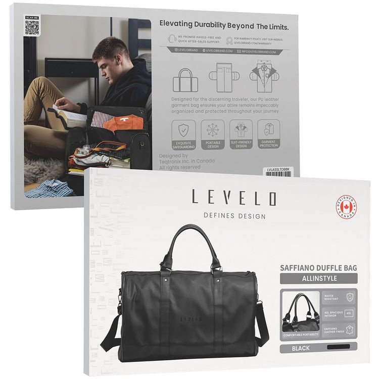 Levelo Allinstyle Saffiano Leather Travel Duffle Bag, 40L Spacious Interior, Comfortable Portability, Water Resistant, Exquisite Safeguarding - Black