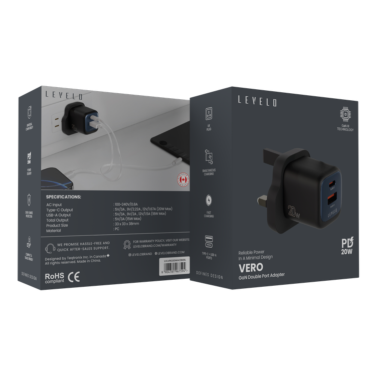 Levelo Vero GaN  Double Port Adapter with PD 20W, Type-C + USB-A Ports, 20W Max Output, Fast Charging, Over Charge Protection - Black / Blue